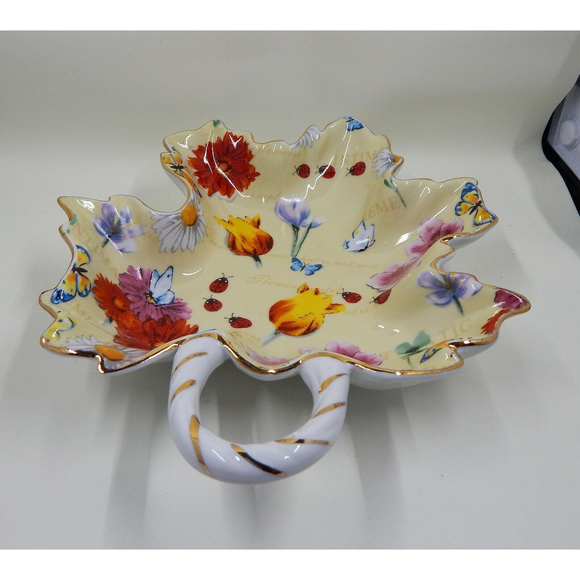 Mayfair Collection By Jay Ceramic Maple Leaf Shaped Floral Dish Nappy Candy Bowl - Picture 3 of 10